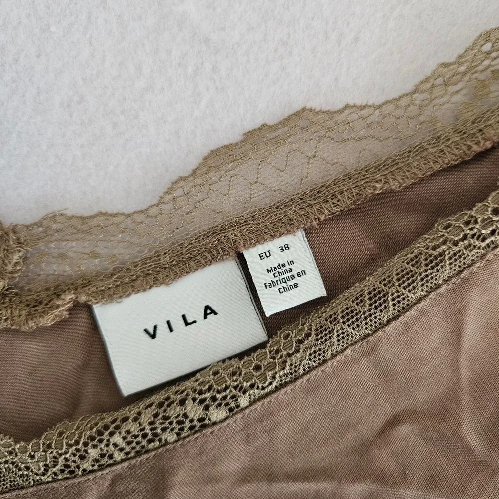 Vila Vileslie Lace Trim V-Neck Top Taupe Brown Cupro Lyocell Blouse EU 38